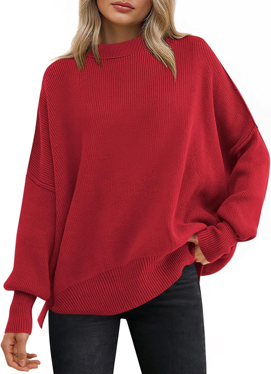Ravenna Women's Ribbed Batwing Sweater – Round Neckline, Side Slits & Easy Fit