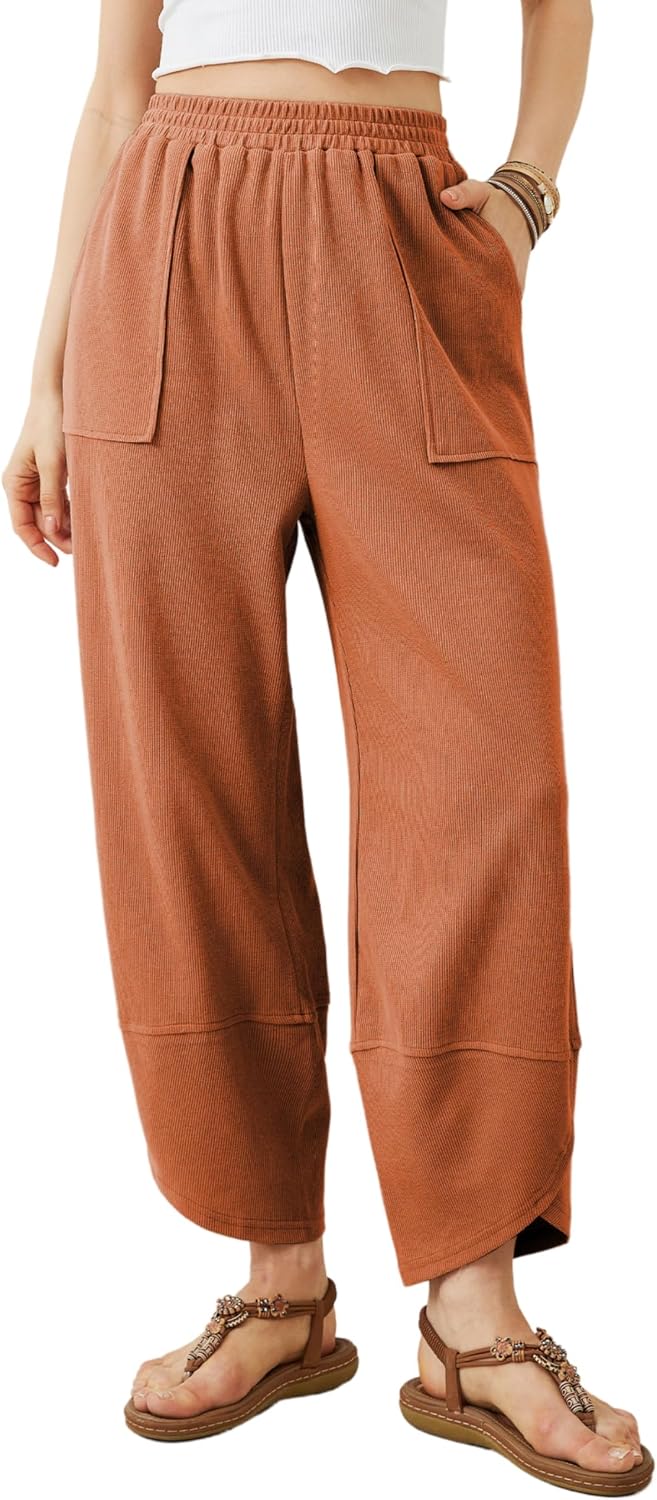 Faye Women's Wide-Leg Palazzo Trousers – Smocked Waist, Curved Hem & Side Slip Pockets