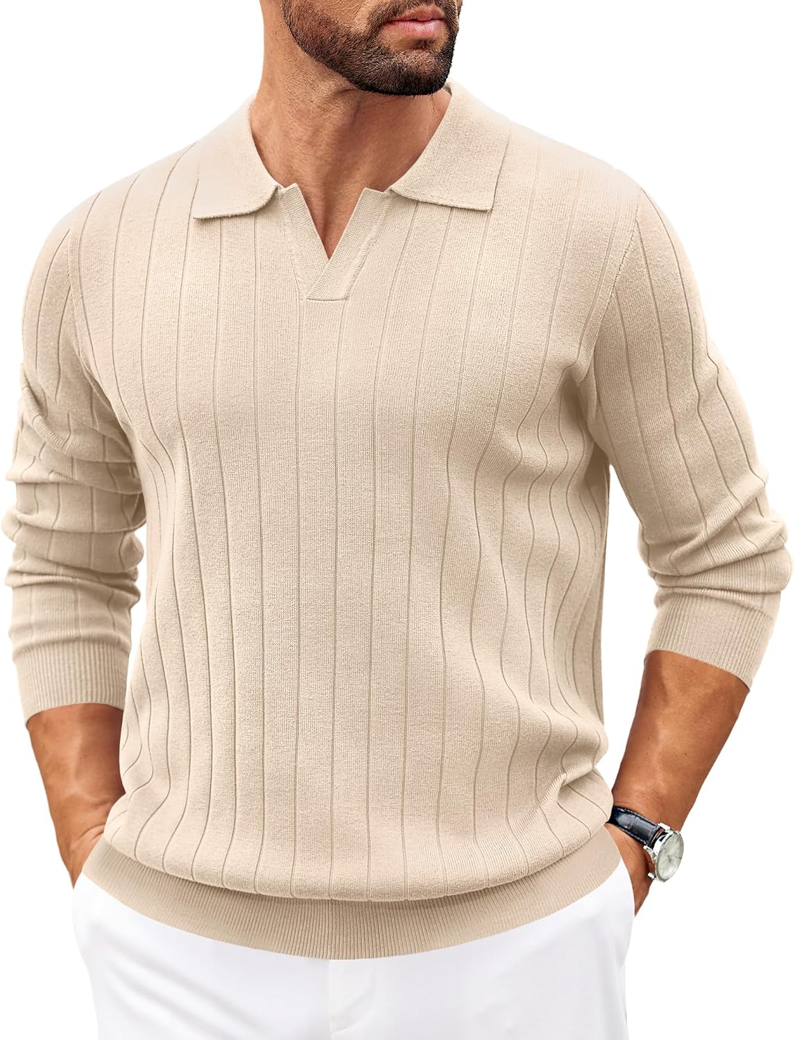 Sawyer Men's Knit Polo Sweater – V-Neckline Collar, Wide Stripe Texture & Ribbed Detailing