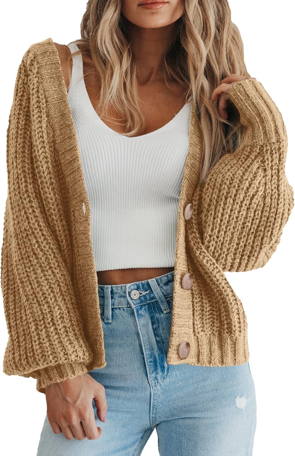 Tate Women's Oversized Knit Cardigan – Deep V-Neckline, Button-Up Front & Chunky Knit