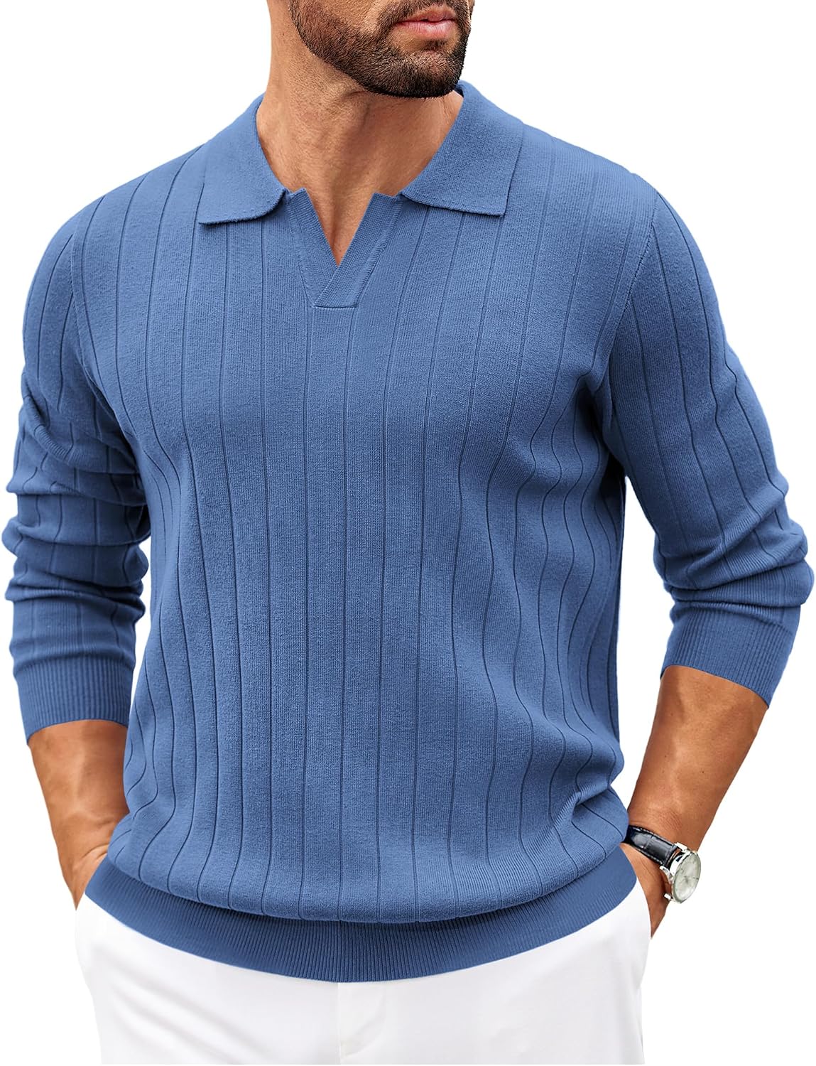 Sawyer Men's Knit Polo Sweater – V-Neckline Collar, Wide Stripe Texture & Ribbed Detailing