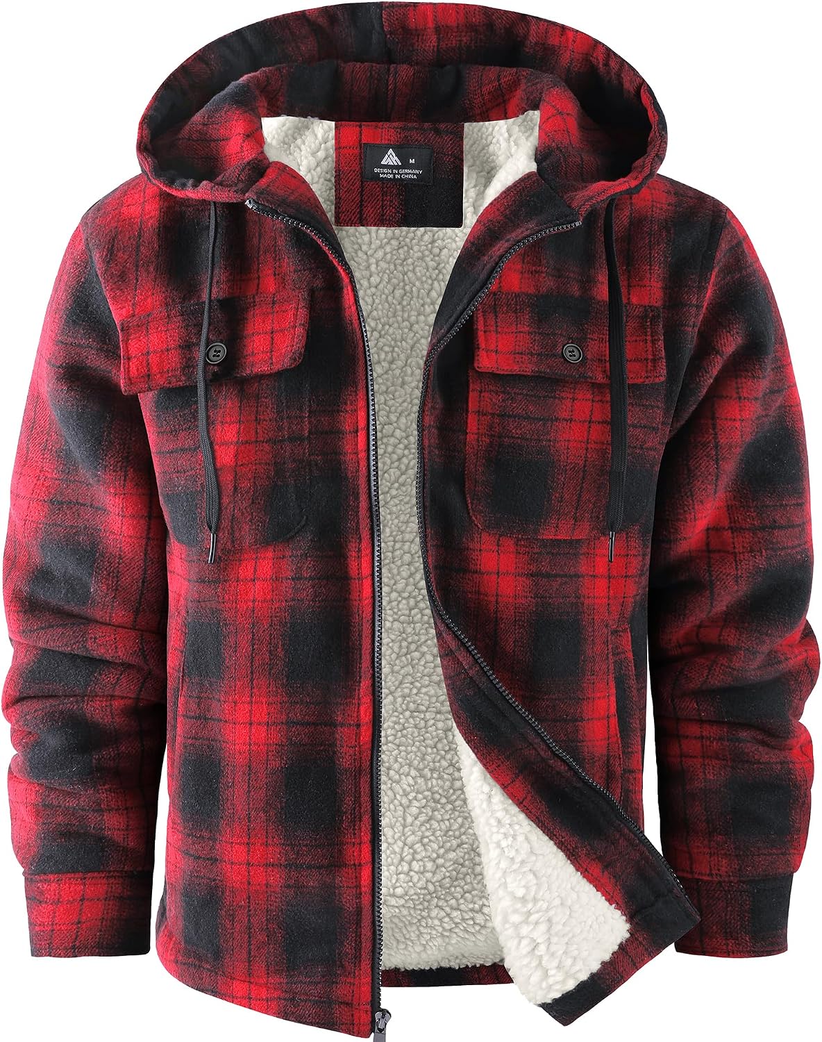 Marlowe Men's Plaid Flannel Jacket – Sherpa Lined, With Hood, Full-Length Zipper & 4 Handy Pockets