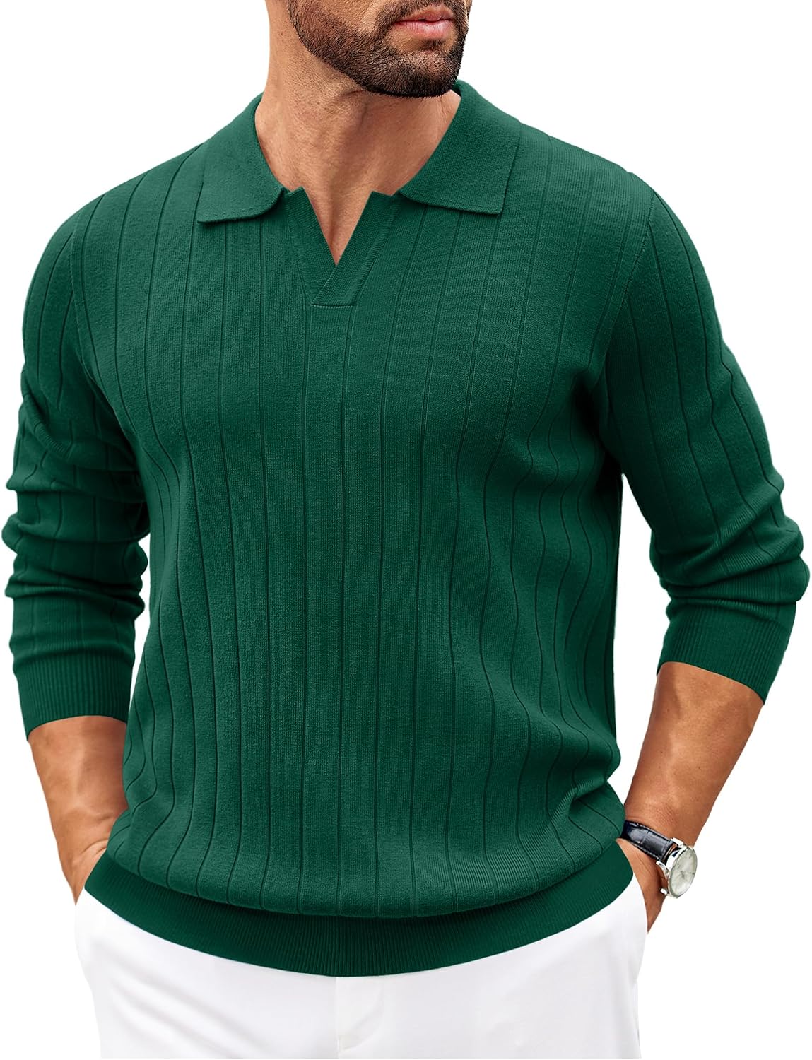 Sawyer Men's Knit Polo Sweater – V-Neckline Collar, Wide Stripe Texture & Ribbed Detailing