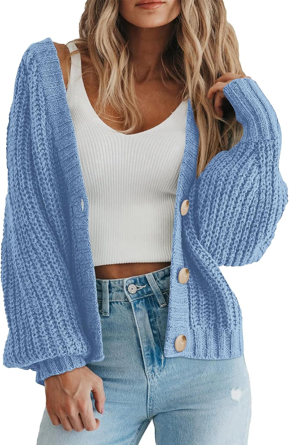 Tate Women's Oversized Knit Cardigan – Deep V-Neckline, Button-Up Front & Chunky Knit