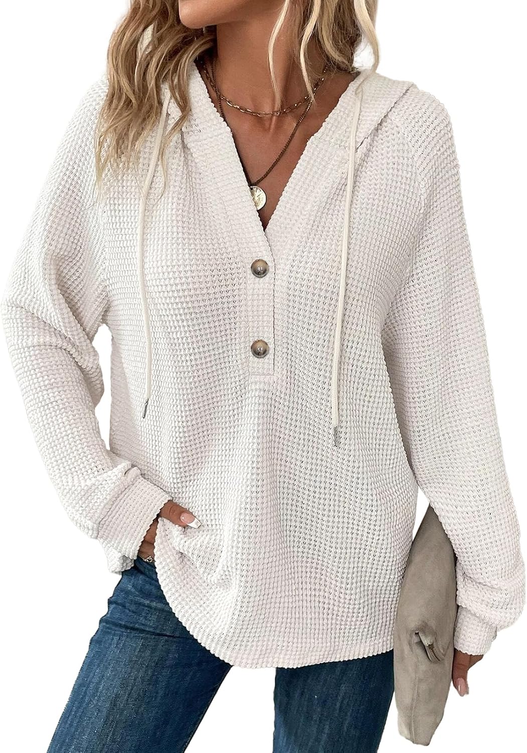 Valentina Women's Waffle Knit Hoodie – V-Neckline, Button-Up Front & Loose Silhouette