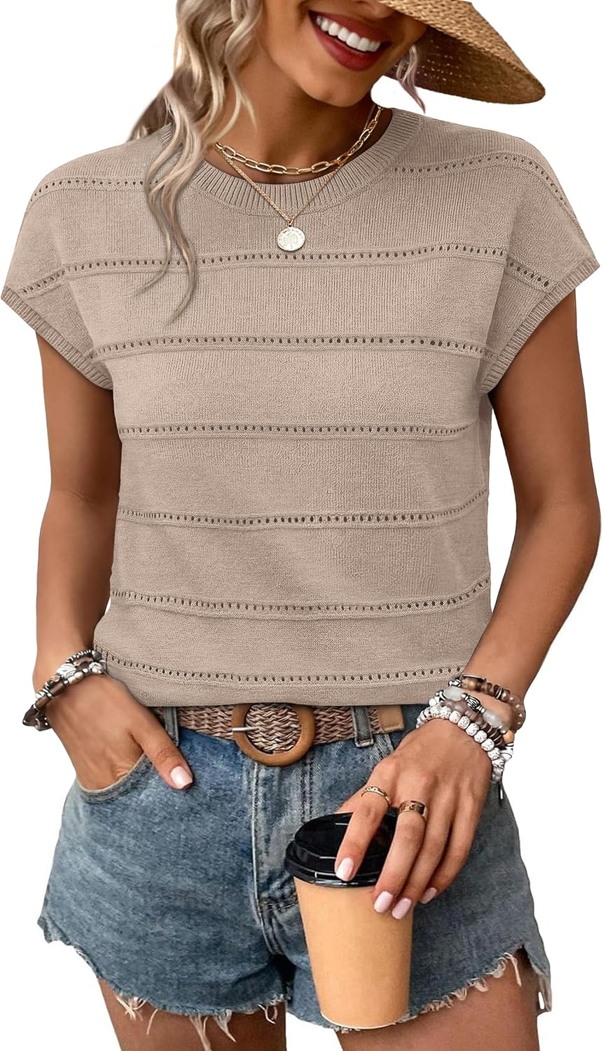 Quenna Women's Eyelet Knit Top – Scoop Neck, Cap Sleeves & Openwork Stripe Detail