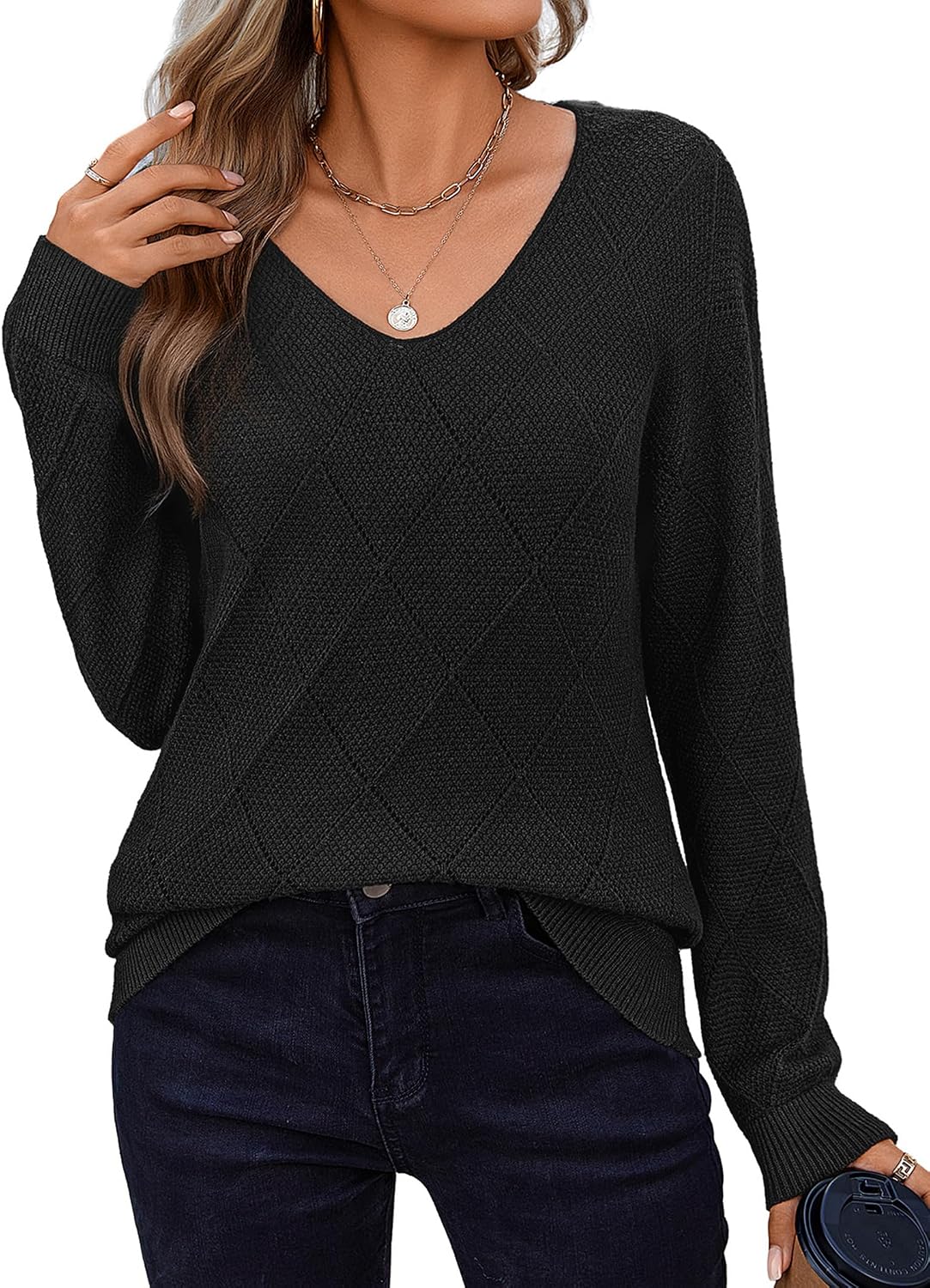 Kerensa Women's Crochet Knit Sweater – V-Neckline, Full-Length Sleeves & Relaxed Relaxed Silhouette