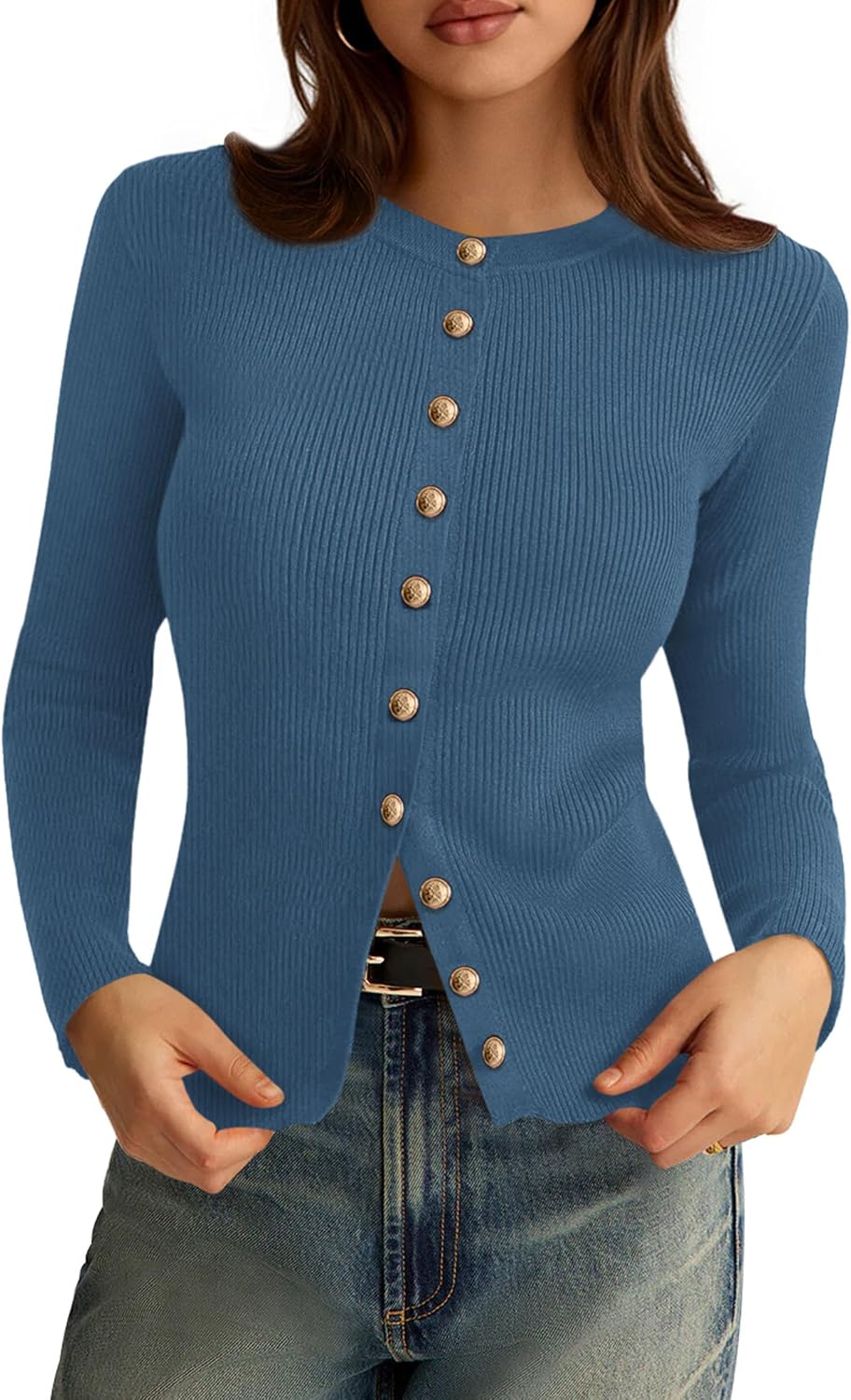 Icarus Women's Ribbed Cardigan – Round Neckline, Button-Up Front & Tailored Fit
