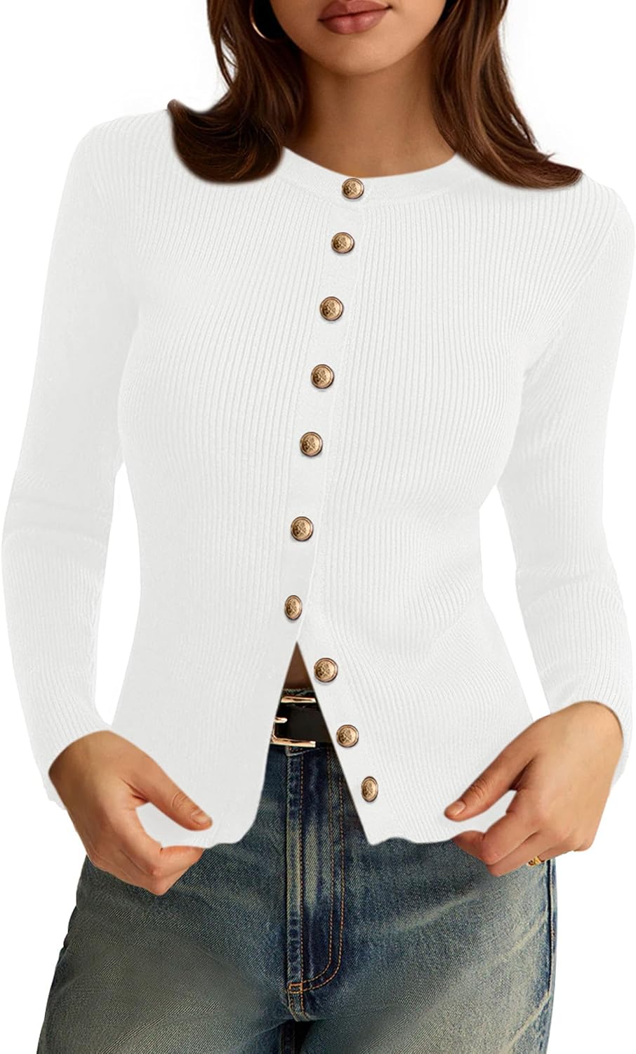 Icarus Women's Ribbed Cardigan – Round Neckline, Button-Up Front & Tailored Fit