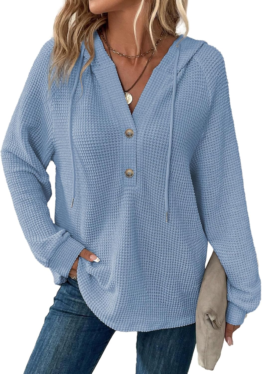 Valentina Women's Waffle Knit Hoodie – V-Neckline, Button-Up Front & Loose Silhouette