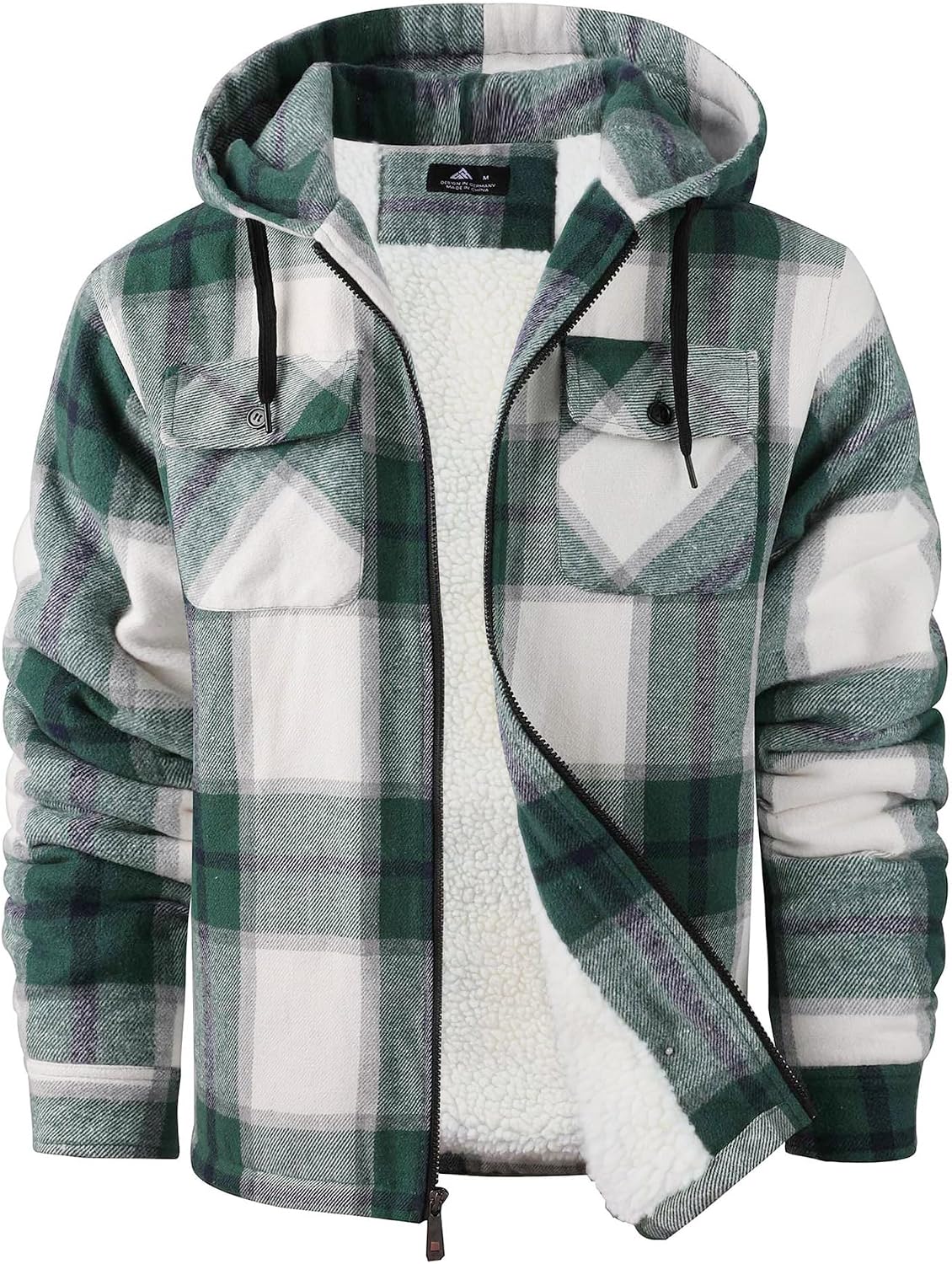Marlowe Men's Plaid Flannel Jacket – Sherpa Lined, With Hood, Full-Length Zipper & 4 Handy Pockets
