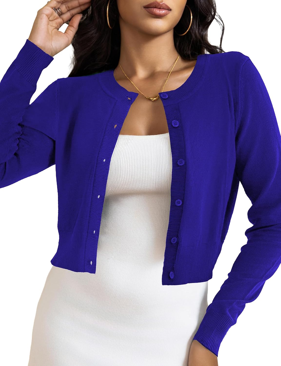 Genevra Women's Cropped Knit Cardigan – Button-Up Front, Flexible Fabric & Lightweight Fit