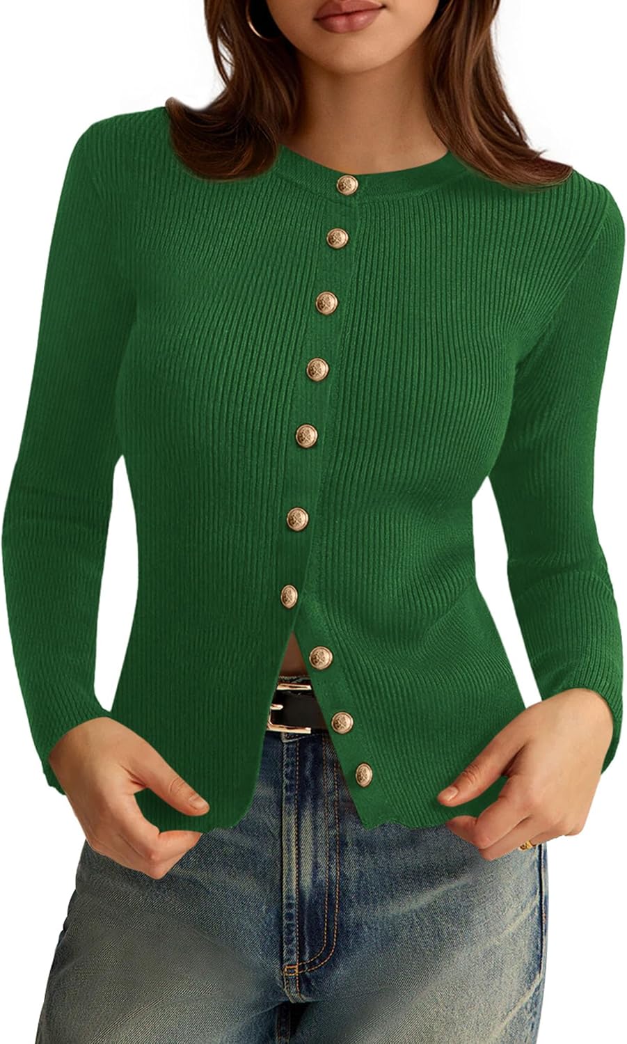 Icarus Women's Ribbed Cardigan – Round Neckline, Button-Up Front & Tailored Fit