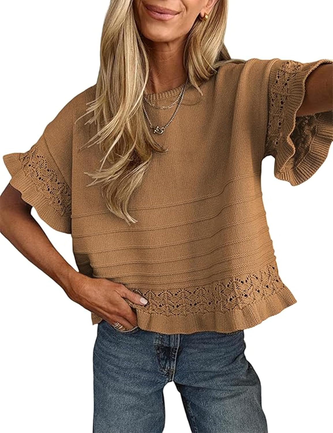 Juniper Women's Ruffle Knit Top – Round Neckline, Short-Sleeve Design & Cotton-Blend Fabric
