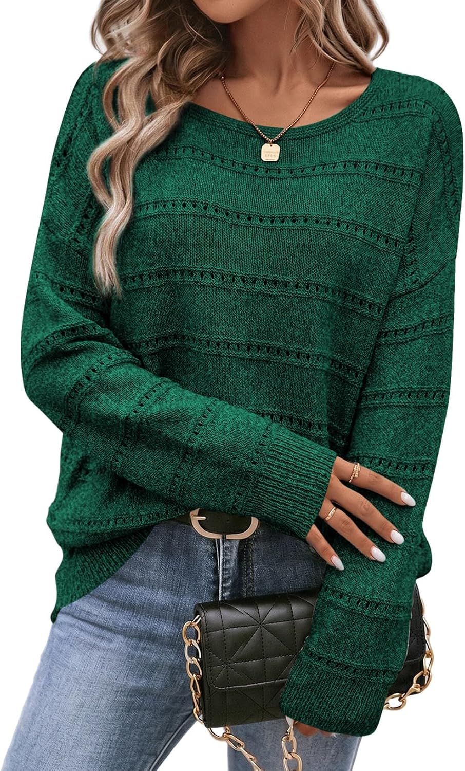 Faye Women's Hollow-Knit Sweater – Round Neckline, Dropped-Shoulder Design & Striped Texture