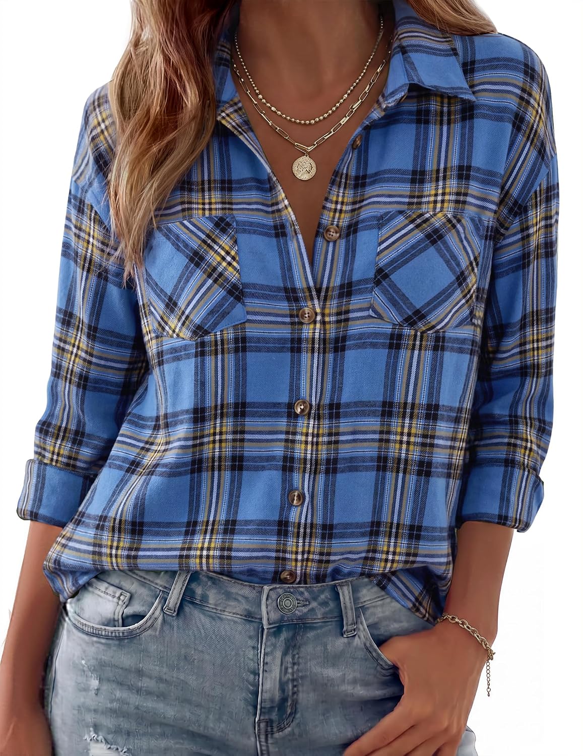 Icarus Women's Plaid Flannel Shirt – Roomy Fit, Front Chest Pockets & Button-Up Front