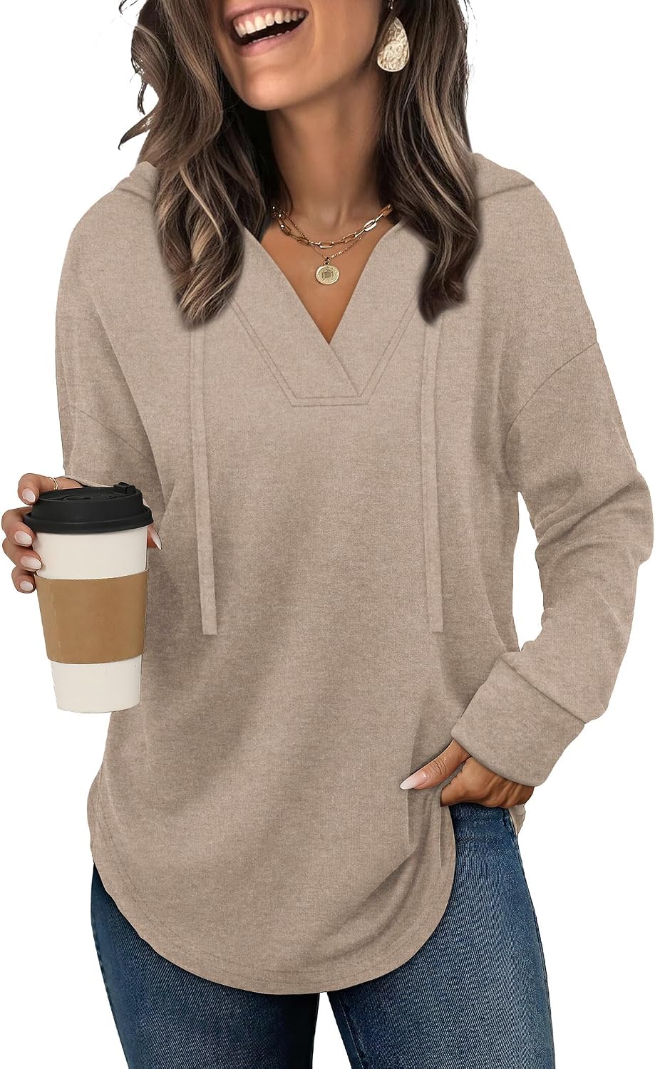 Elowen Women's V-Neckline Hoodie – Asymmetric Hem, Full-Length Sleeves & Easy Fit