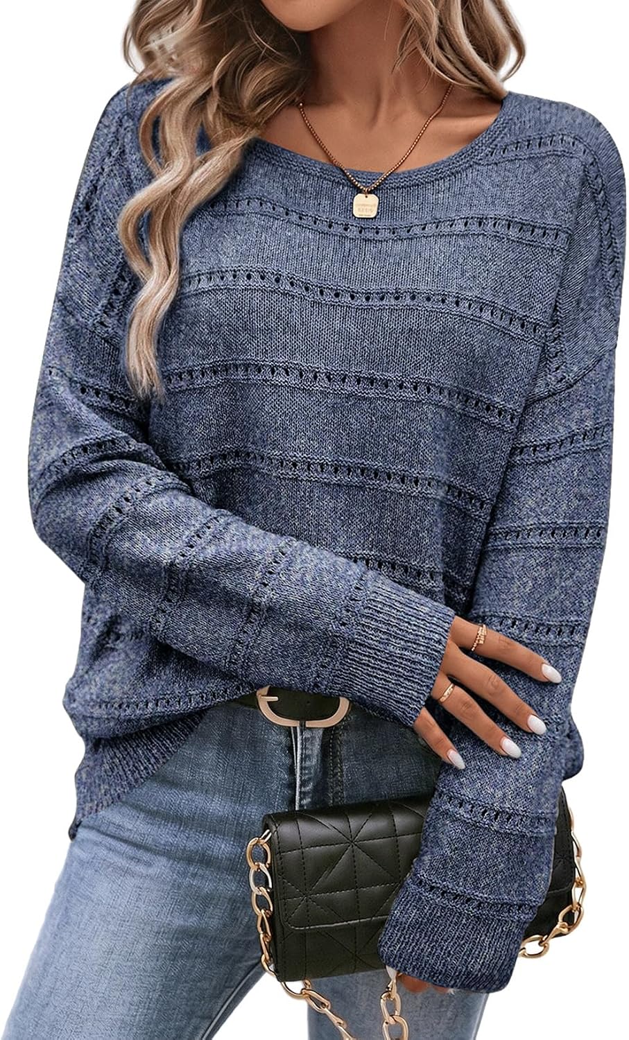 Faye Women's Hollow-Knit Sweater – Round Neckline, Dropped-Shoulder Design & Striped Texture