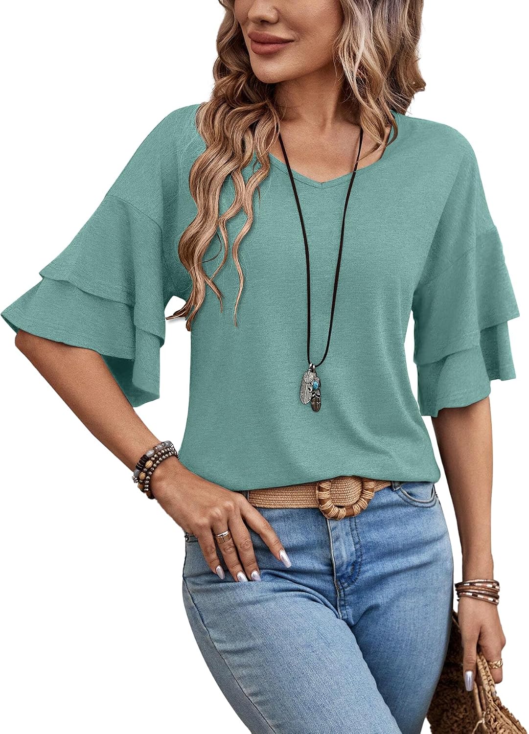 Everett Women's V-Neckline Blouse – 3/4 Ruffle Sleeves, Flexible Fabric & Easy Fit