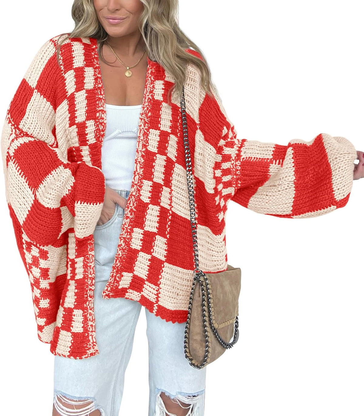 Idony Women's Checkered Knit Cardigan – Open-Front Design, V-Neckline & Comfortable Fit