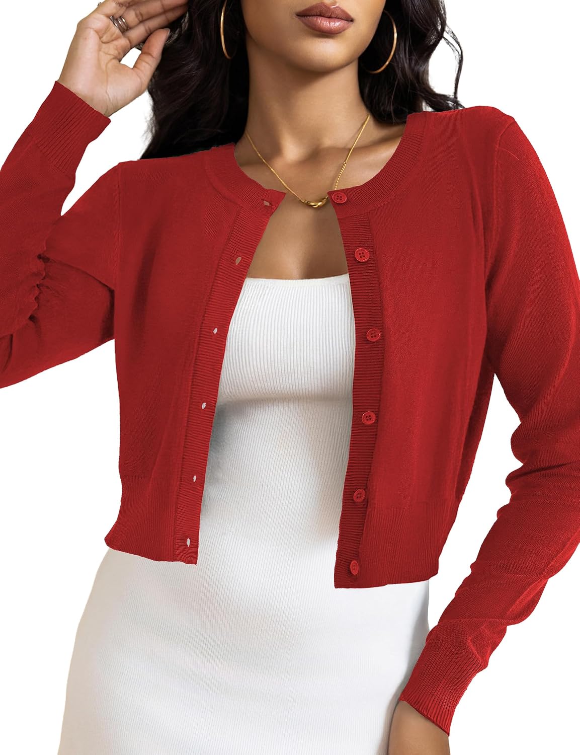 Genevra Women's Cropped Knit Cardigan – Button-Up Front, Flexible Fabric & Lightweight Fit