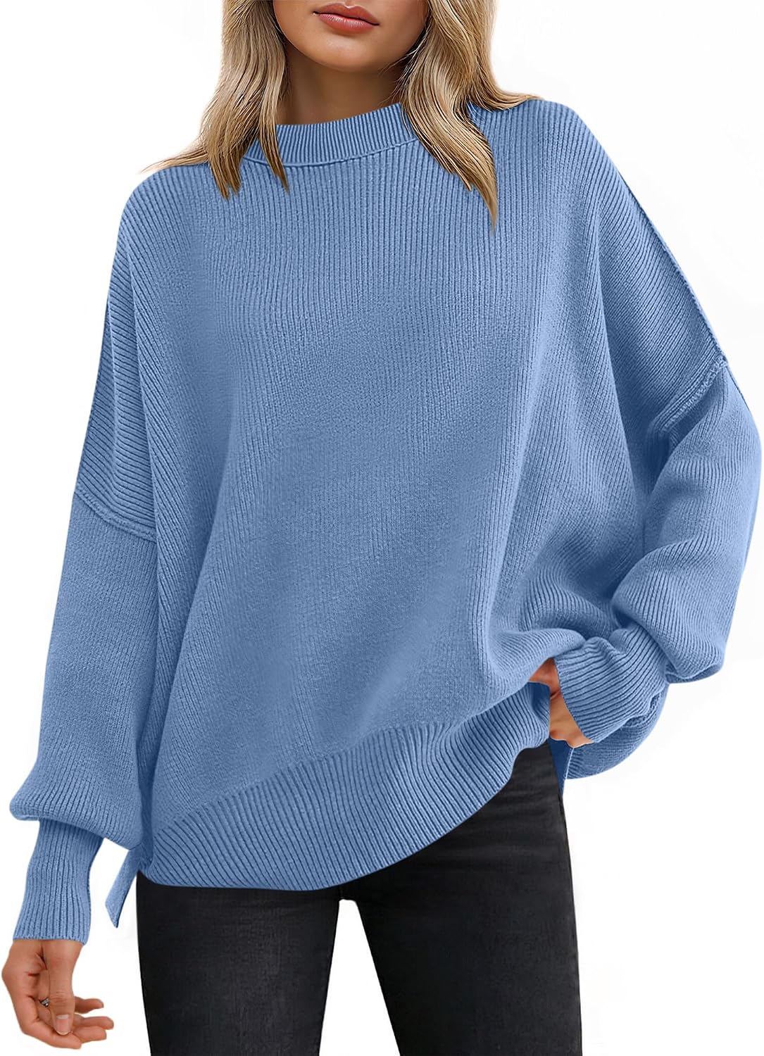 Ravenna Women's Ribbed Batwing Sweater – Round Neckline, Side Slits & Easy Fit