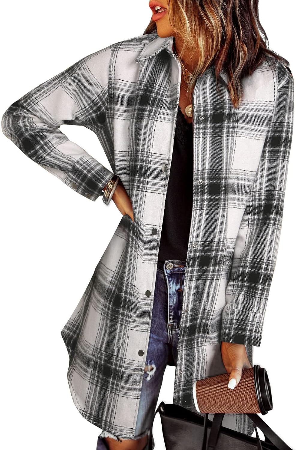 Griselda Women's Plaid Shacket – Button-Up Front, Boyfriend Fit & Handy Pockets