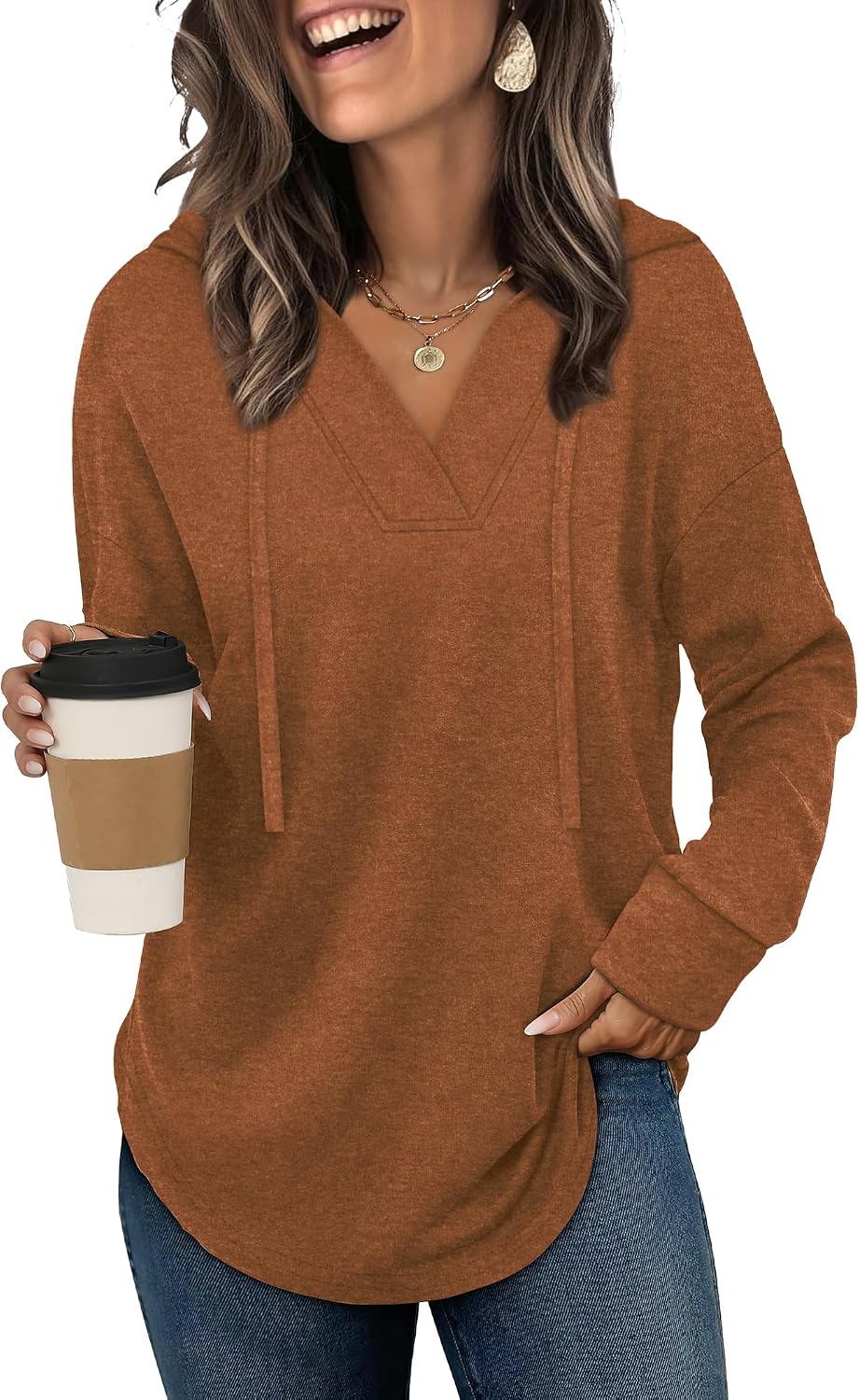 Elowen Women's V-Neckline Hoodie – Asymmetric Hem, Full-Length Sleeves & Easy Fit