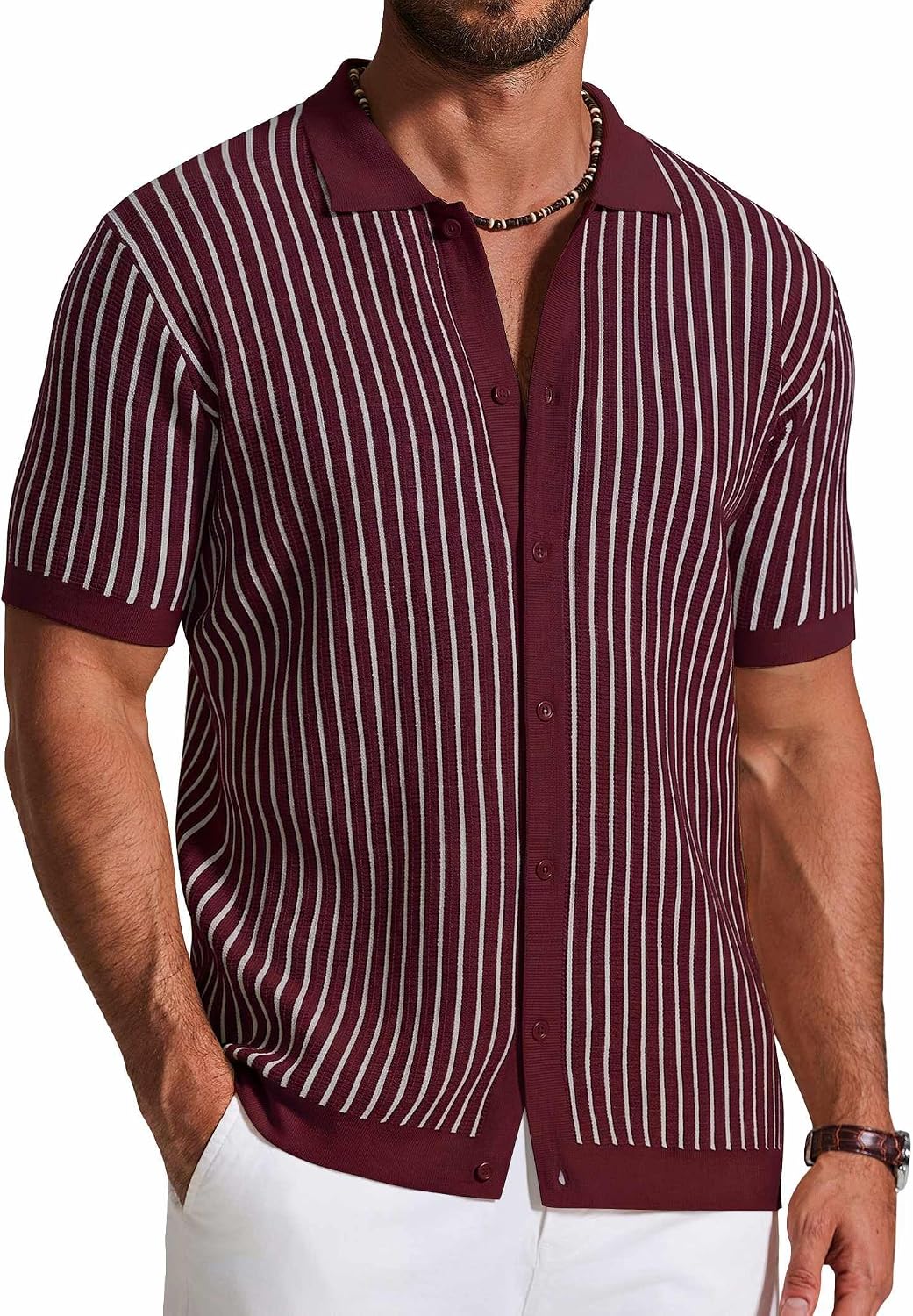 Quade Men's Retro Knit Shirt – Colour-Block Stripes, Collar & Button-Down Front