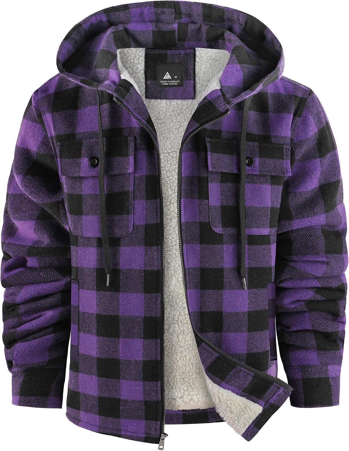 Marlowe Men's Plaid Flannel Jacket – Sherpa Lined, With Hood, Full-Length Zipper & 4 Handy Pockets