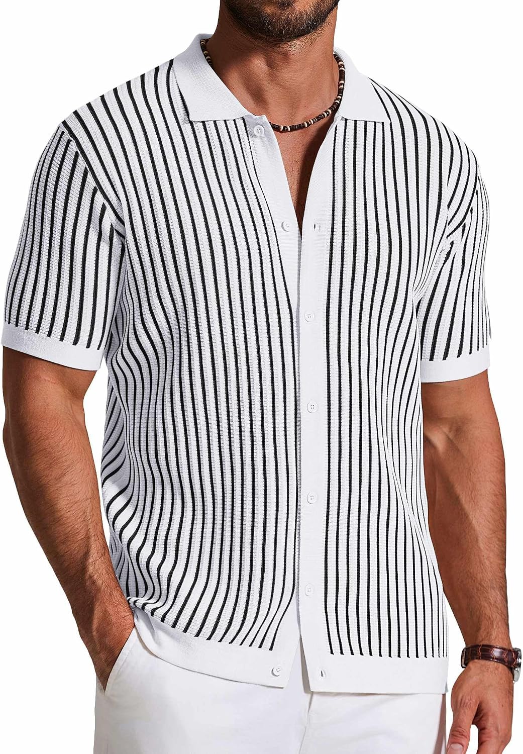 Quade Men's Retro Knit Shirt – Colour-Block Stripes, Collar & Button-Down Front