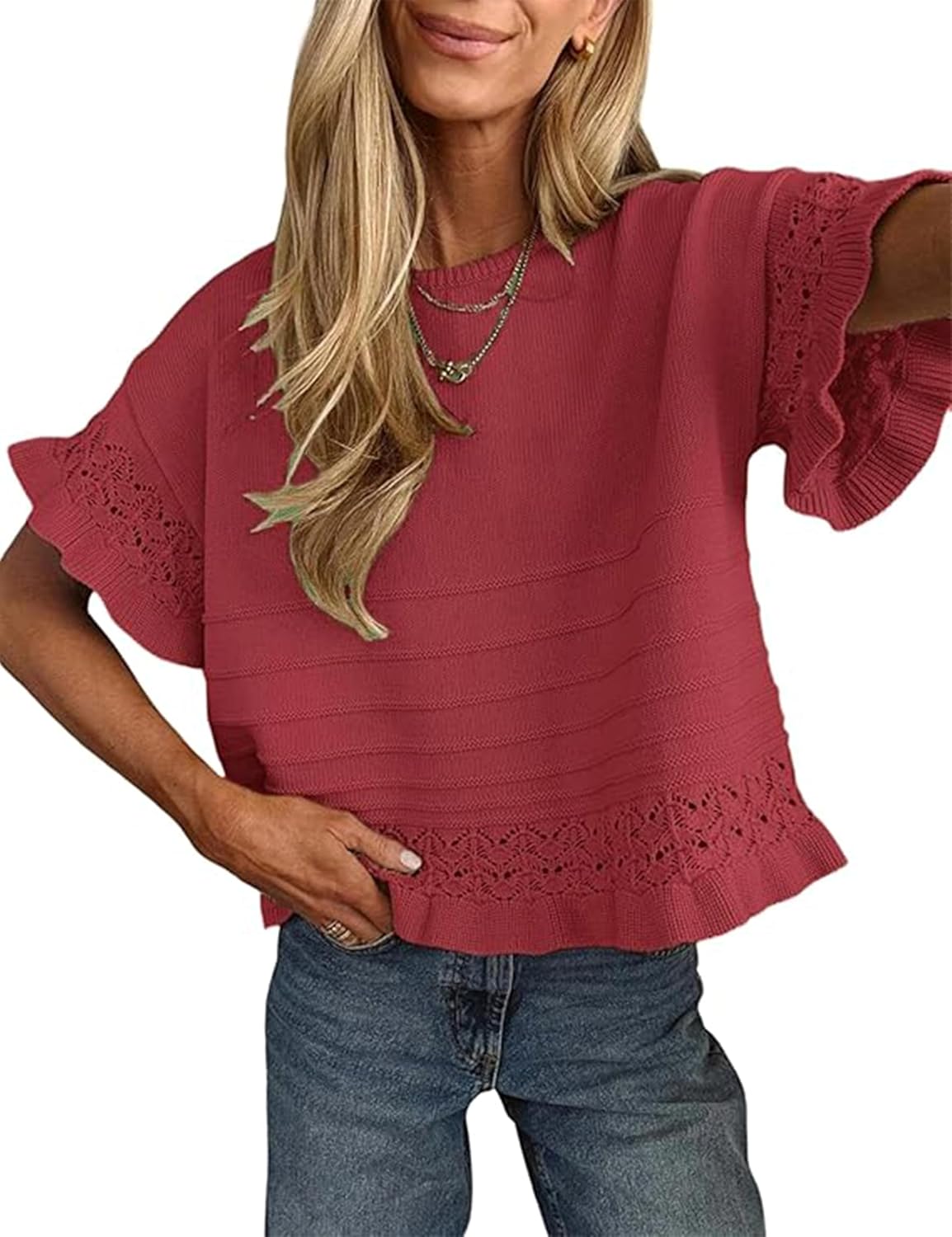 Juniper Women's Ruffle Knit Top – Round Neckline, Short-Sleeve Design & Cotton-Blend Fabric