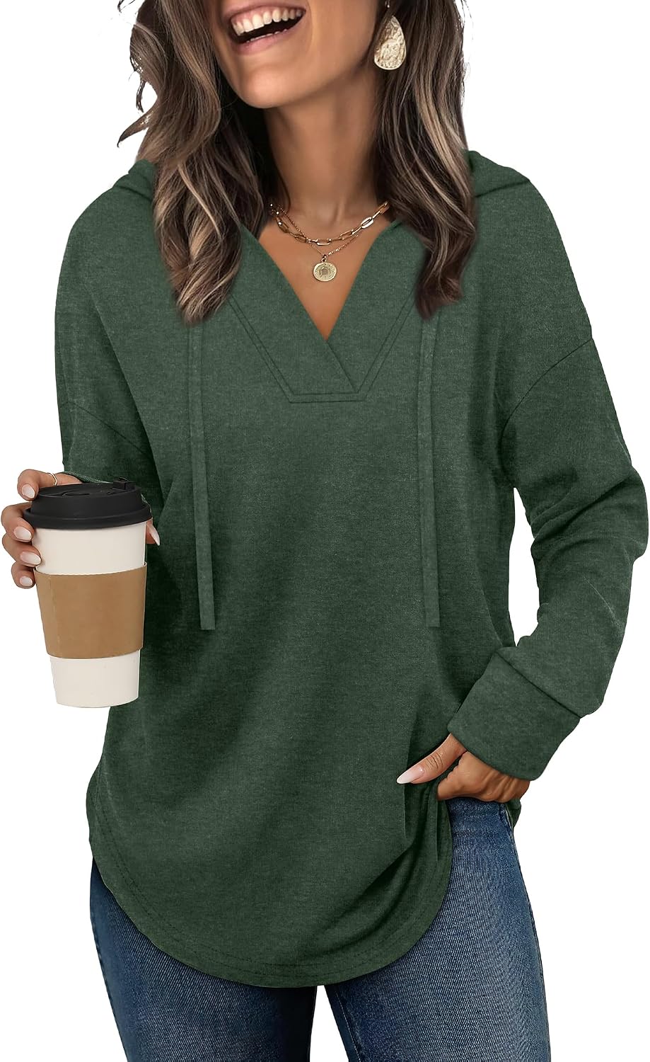Elowen Women's V-Neckline Hoodie – Asymmetric Hem, Full-Length Sleeves & Easy Fit