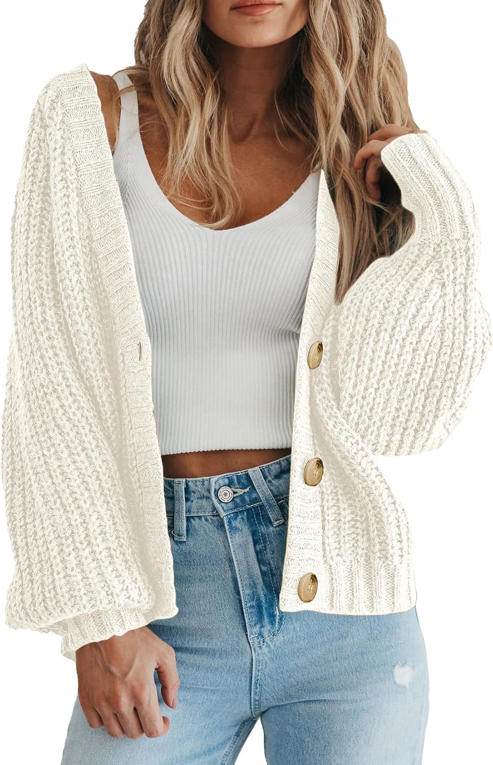 Tate Women's Oversized Knit Cardigan – Deep V-Neckline, Button-Up Front & Chunky Knit