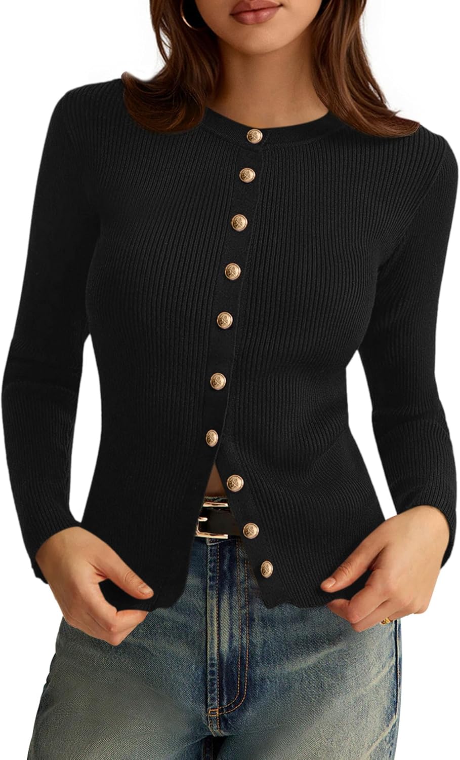 Icarus Women's Ribbed Cardigan – Round Neckline, Button-Up Front & Tailored Fit