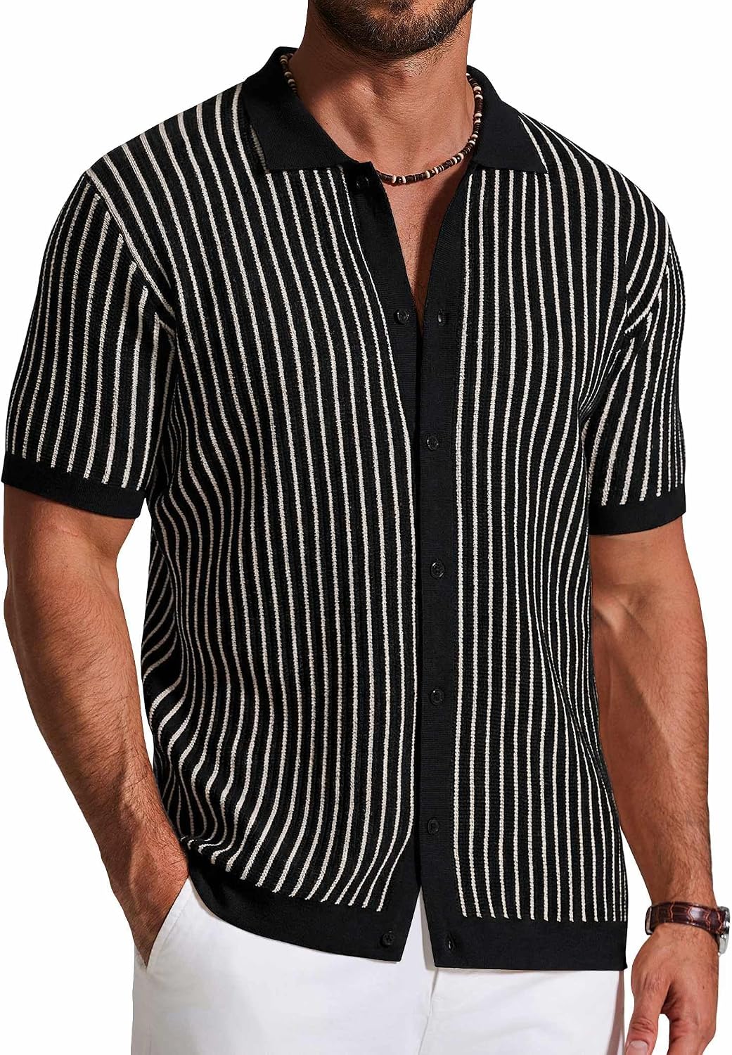 Quade Men's Retro Knit Shirt – Colour-Block Stripes, Collar & Button-Down Front