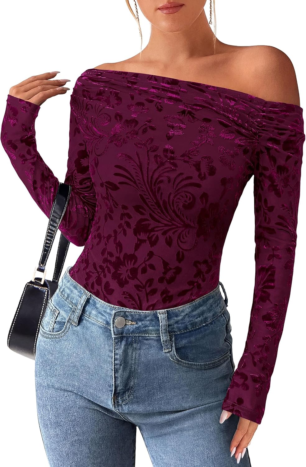 Nash Women's Floral Off-Shoulder Top – Asymmetric Neckline, Full-Length Sleeves & Fitted Silhouette
