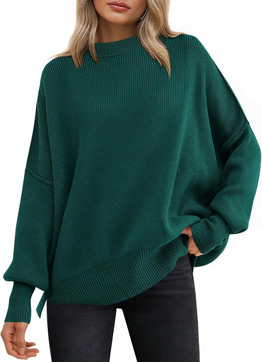 Ravenna Women's Ribbed Batwing Sweater – Round Neckline, Side Slits & Easy Fit