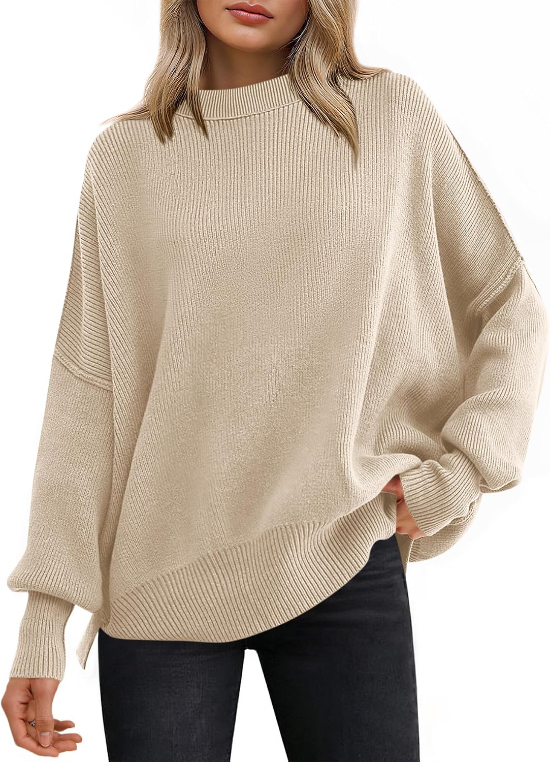 Ravenna Women's Ribbed Batwing Sweater – Round Neckline, Side Slits & Easy Fit