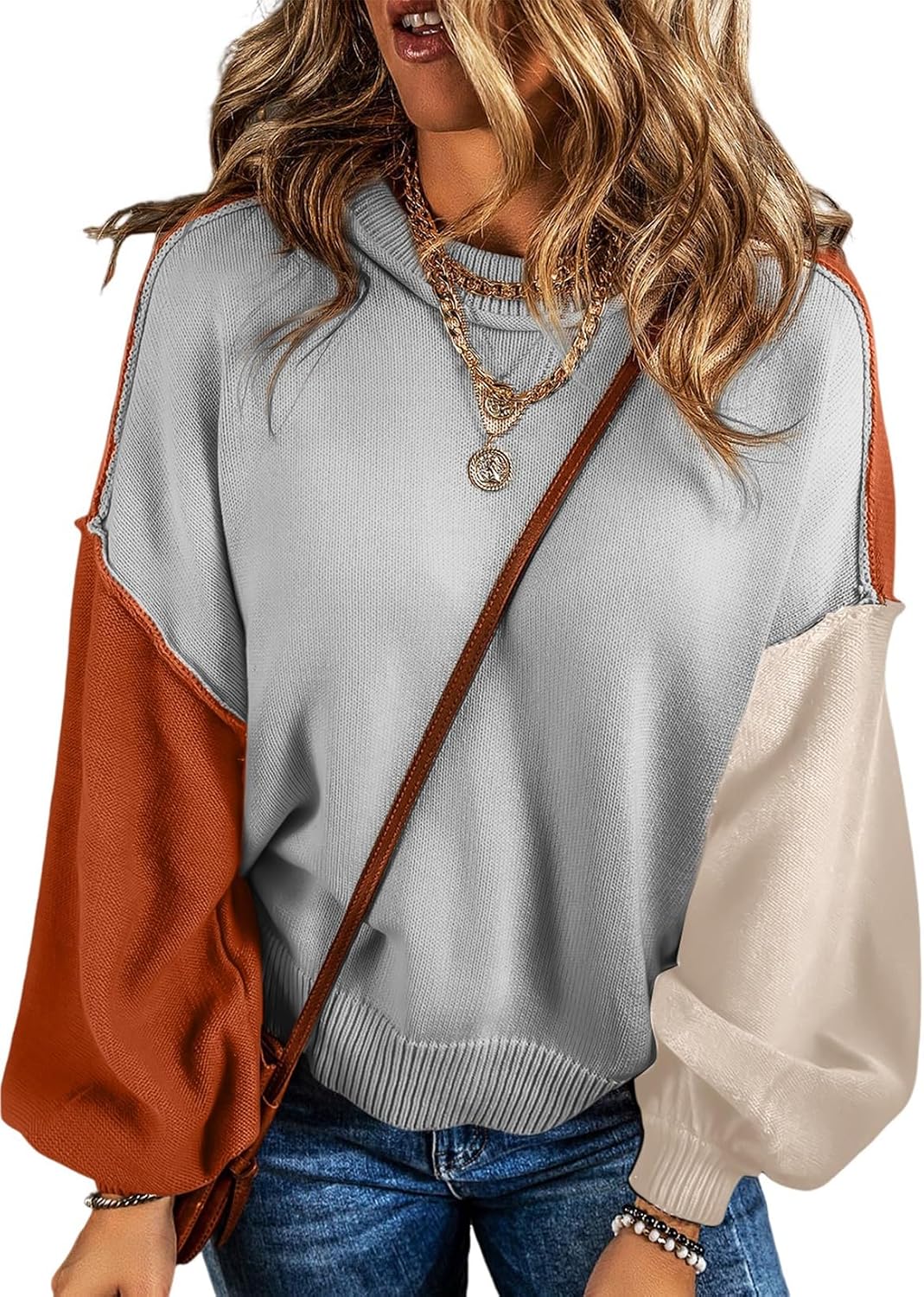 Odessa Women's Colourblock Sweater – Bishop Sleeves, Round Neckline & Cotton Knit