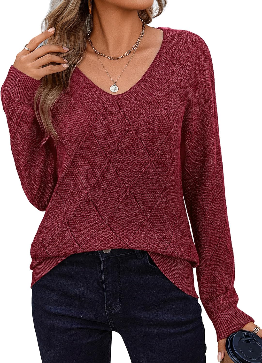 Kerensa Women's Crochet Knit Sweater – V-Neckline, Full-Length Sleeves & Relaxed Relaxed Silhouette