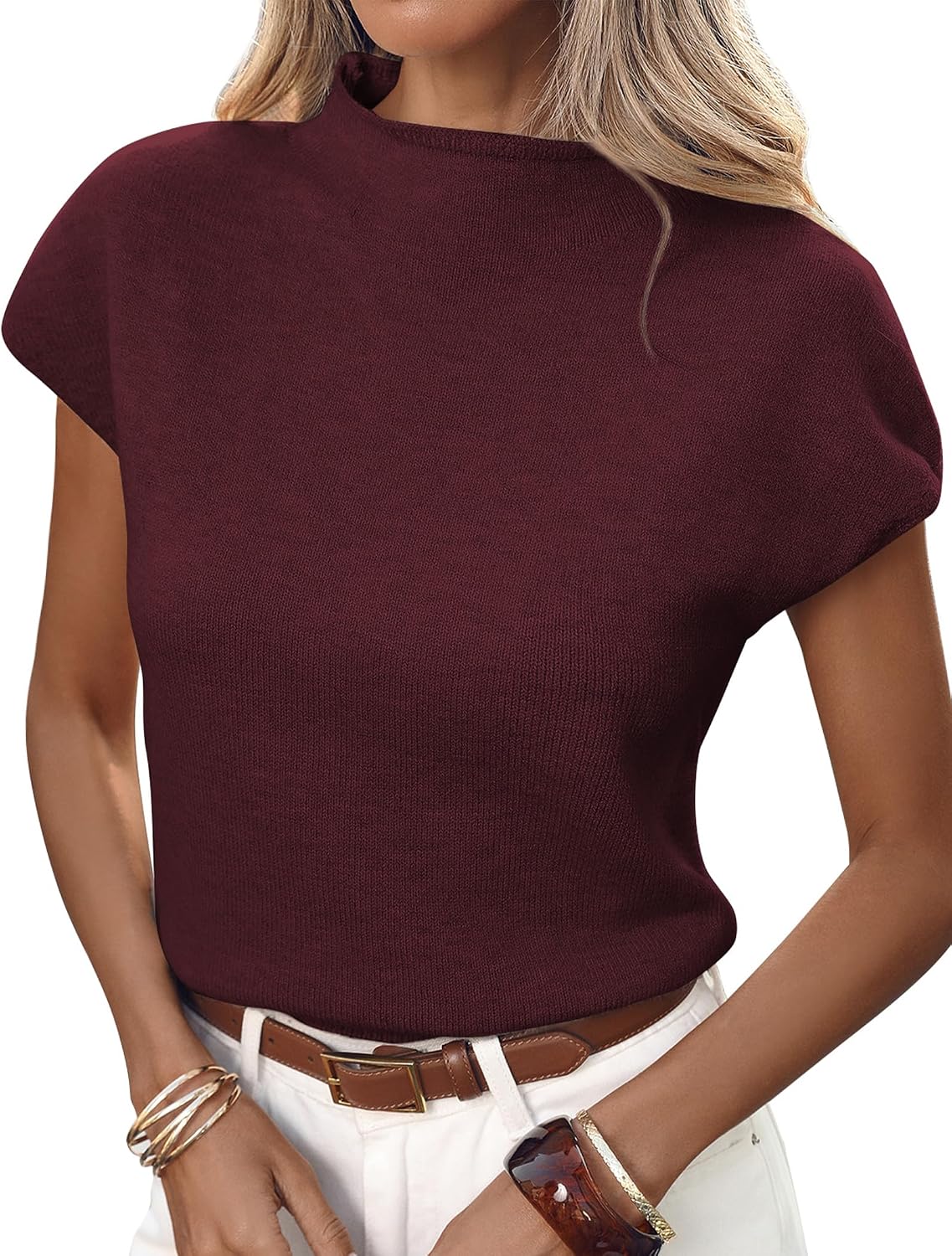 Kerensa Women's Knit Sweater Vest – Mock Neck, Cap Sleeves & Solid Colour Design
