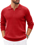 Sawyer Men's Knit Polo Sweater – V-Neckline Collar, Wide Stripe Texture & Ribbed Detailing
