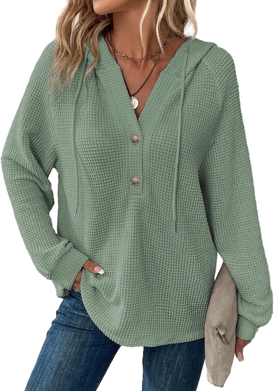 Valentina Women's Waffle Knit Hoodie – V-Neckline, Button-Up Front & Loose Silhouette
