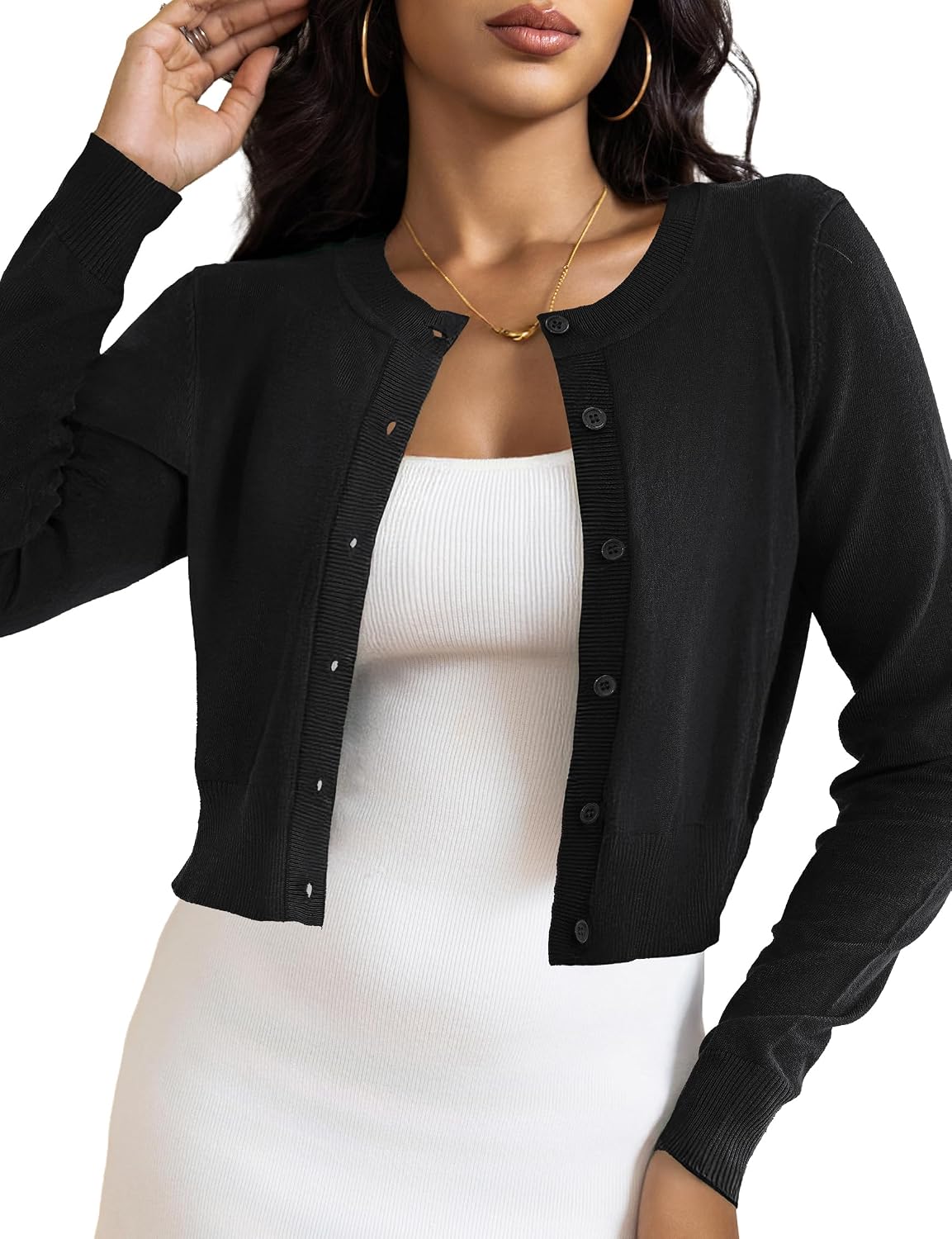 Genevra Women's Cropped Knit Cardigan – Button-Up Front, Flexible Fabric & Lightweight Fit