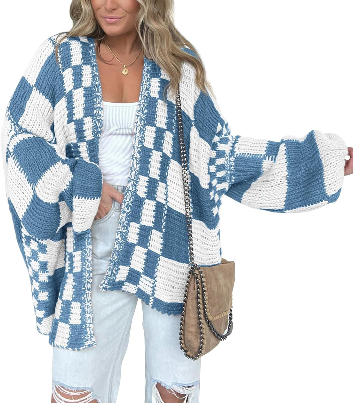 Idony Women's Checkered Knit Cardigan – Open-Front Design, V-Neckline & Comfortable Fit