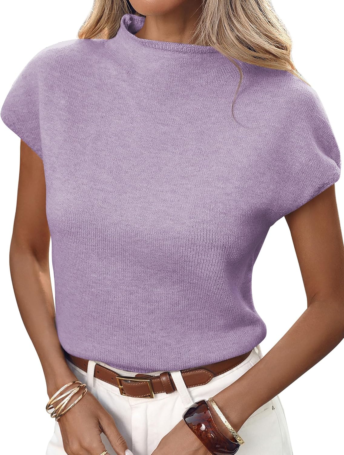 Kerensa Women's Knit Sweater Vest – Mock Neck, Cap Sleeves & Solid Colour Design