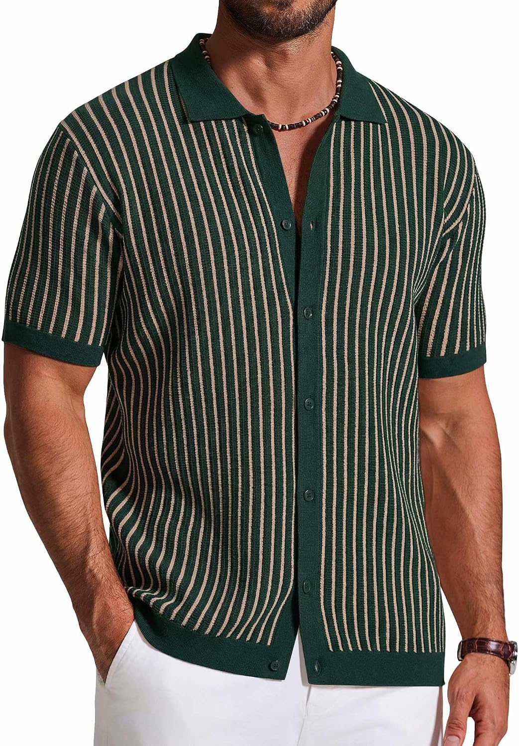 Quade Men's Retro Knit Shirt – Colour-Block Stripes, Collar & Button-Down Front
