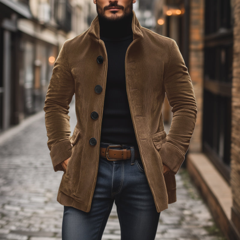 Liora Men's Corduroy Coat – Tailored Fit with Mandarin Collar & Refined Side Slip Pockets