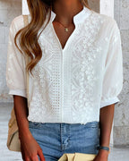 Kellan Women's Blouse – V-Neckline Top with Puff Sleeves, Cotton-Blend Fabric & Patchwork Accents